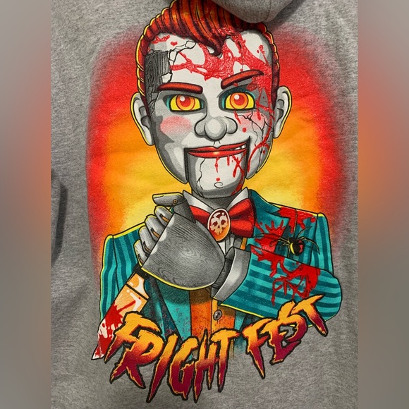 Fright Fest Hoodie Gray Horror Sweatshirt Halloween Creepy Ventriloquist L NEW - Picture 1 of 11